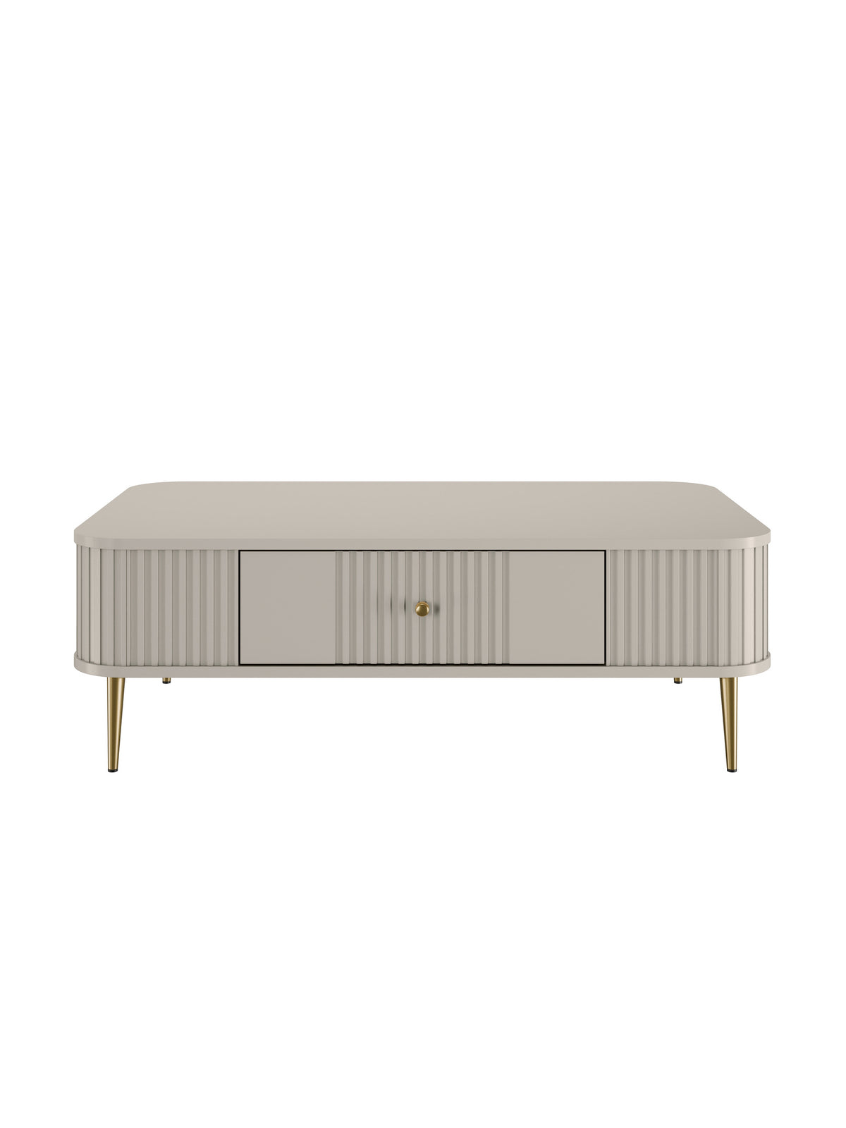 Stolik kawowy Vesper 103x60 cm kaszmir z ryflowanym frontem i złotymi nogami widok z przodu
