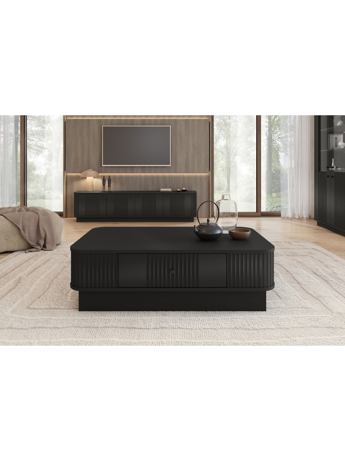 Stolik kawowy Vesper 103x60 cm z szufladą na cokole - czarny / czarny uchwyt