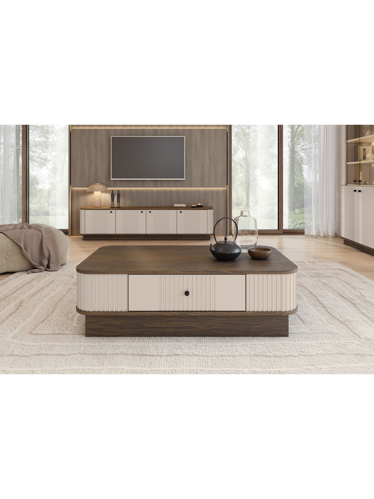 Stolik kawowy Vesper 103x60 cm z szufladą na cokole - kaszmir / orzech / czarny uchwyt