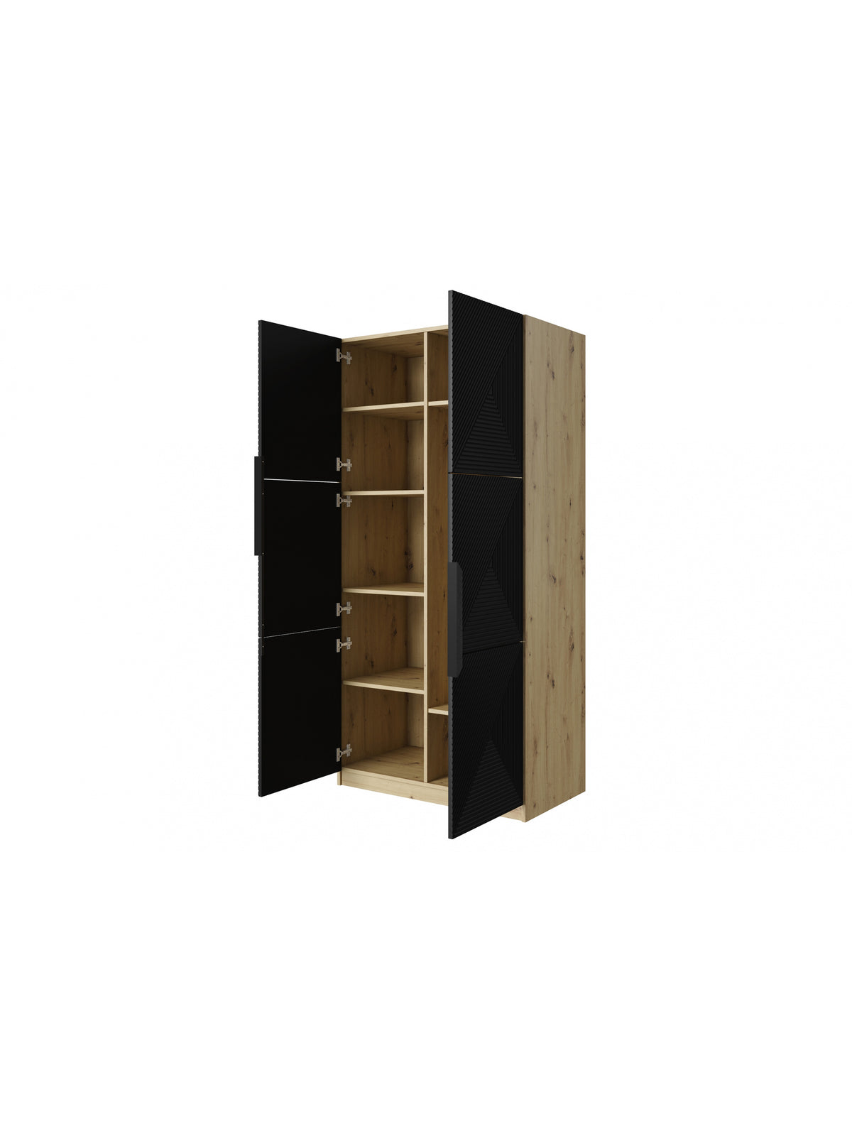 Szafa Asha 100 cm z ryflowanym frontem i metalowymi uchwytami- artisan / czarny mat / czarne uchwyty
