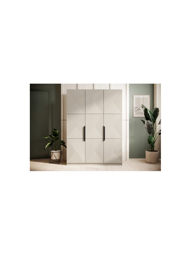 Szafa Asha 150 cm kaszmir z czarnymi metalowymi uchwytami, ryflowany front, 3 drzwi