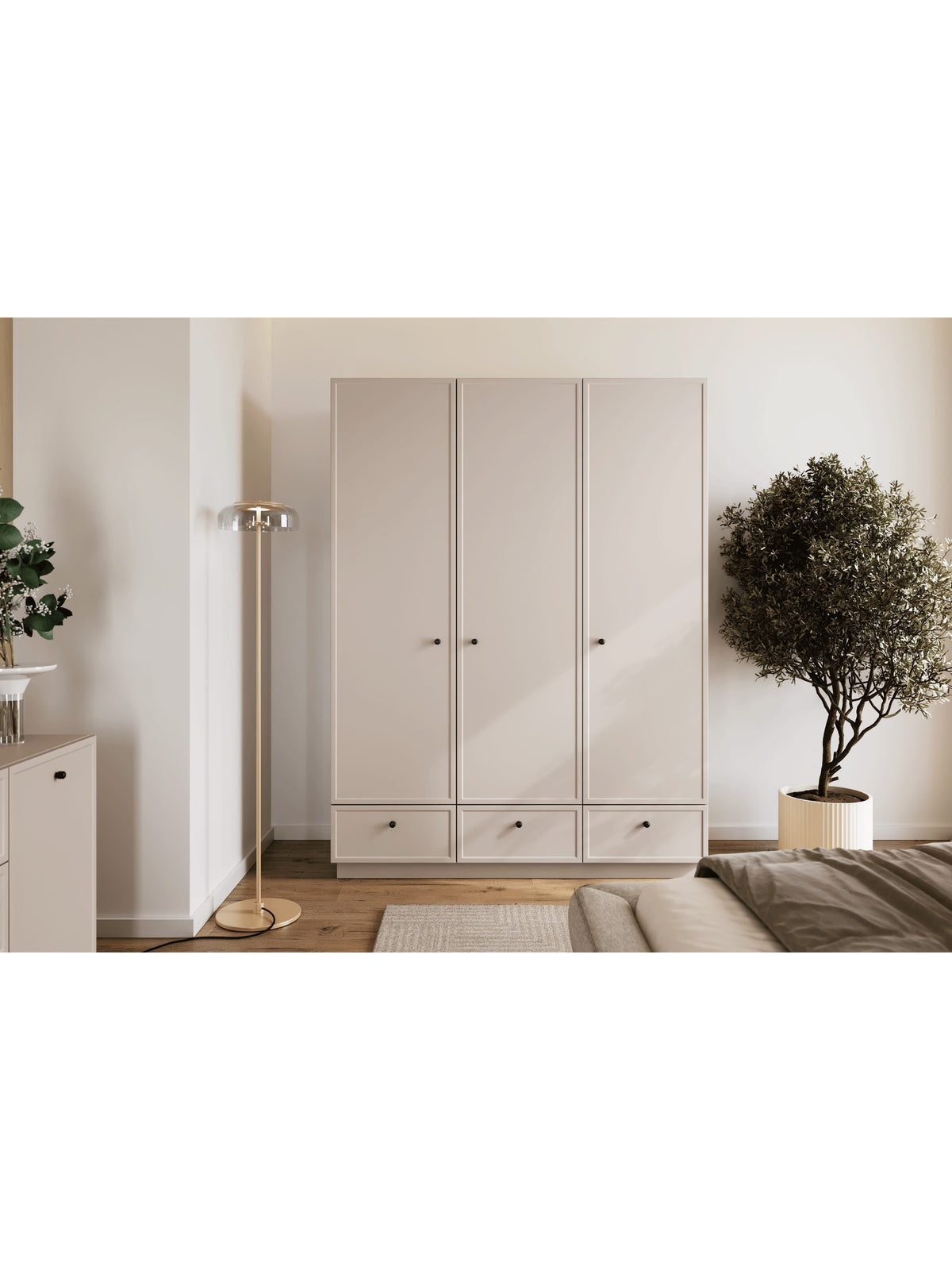 Szafa Lorini 150 cm kaszmir z czarnymi uchwytami, 3 drzwi i 3 szuflady