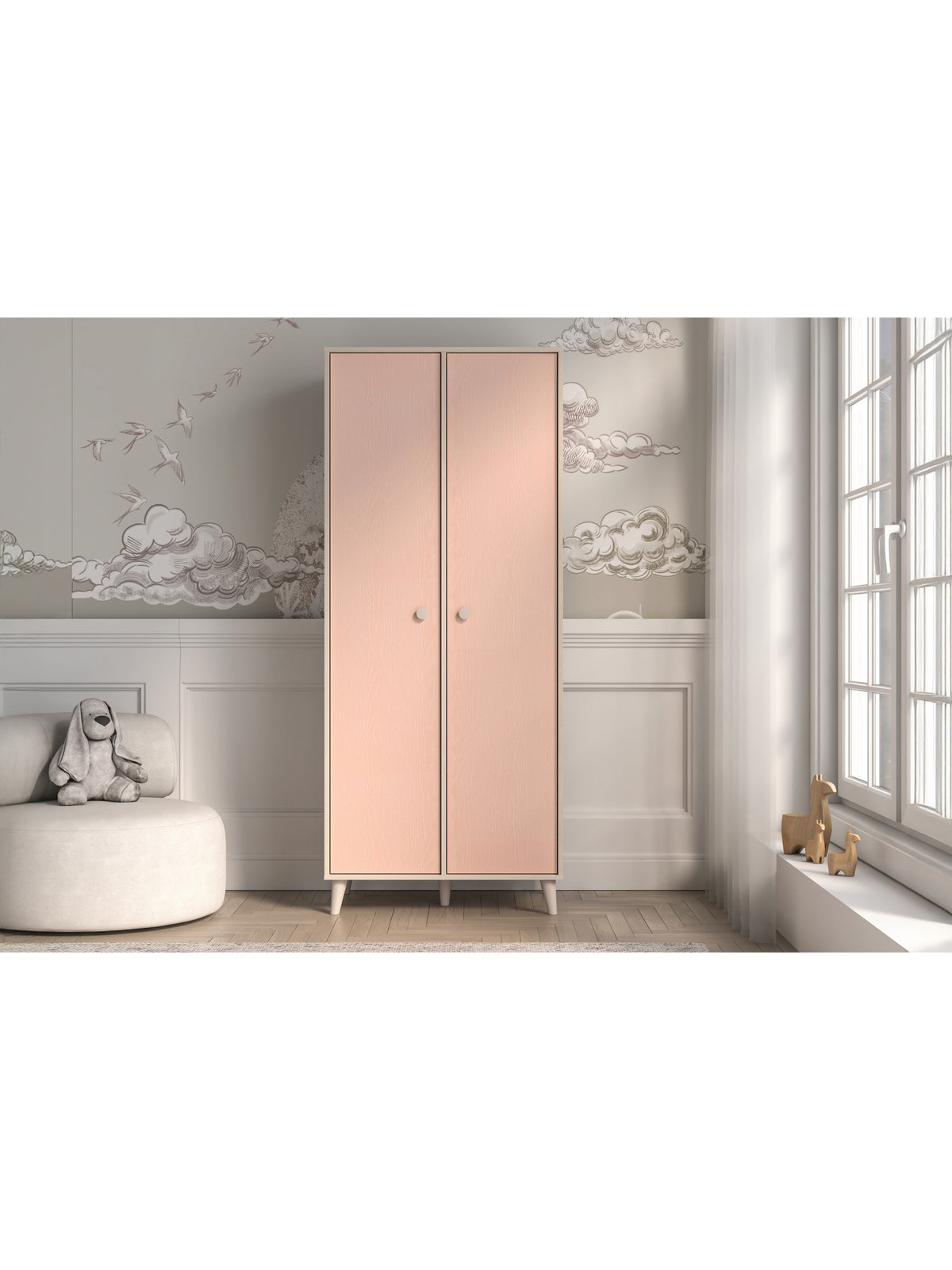 Szafa dziecięca Marla 80 cm w kolorze piasek pustyni i millenial pink, fronty różowe, ujęcie frontowe