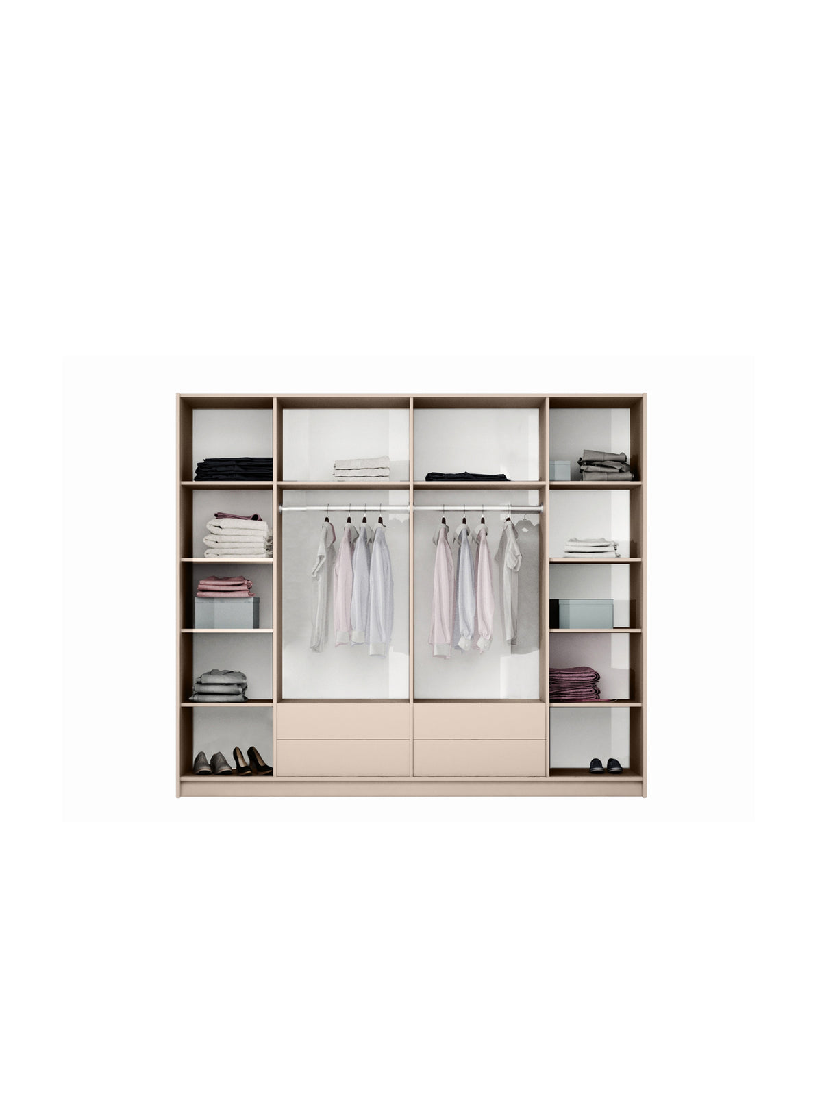 Szafa Mirava 255 cm dwudrzwiowa beżowa z lustrem i czarnymi uchwytami, cztery szuflady