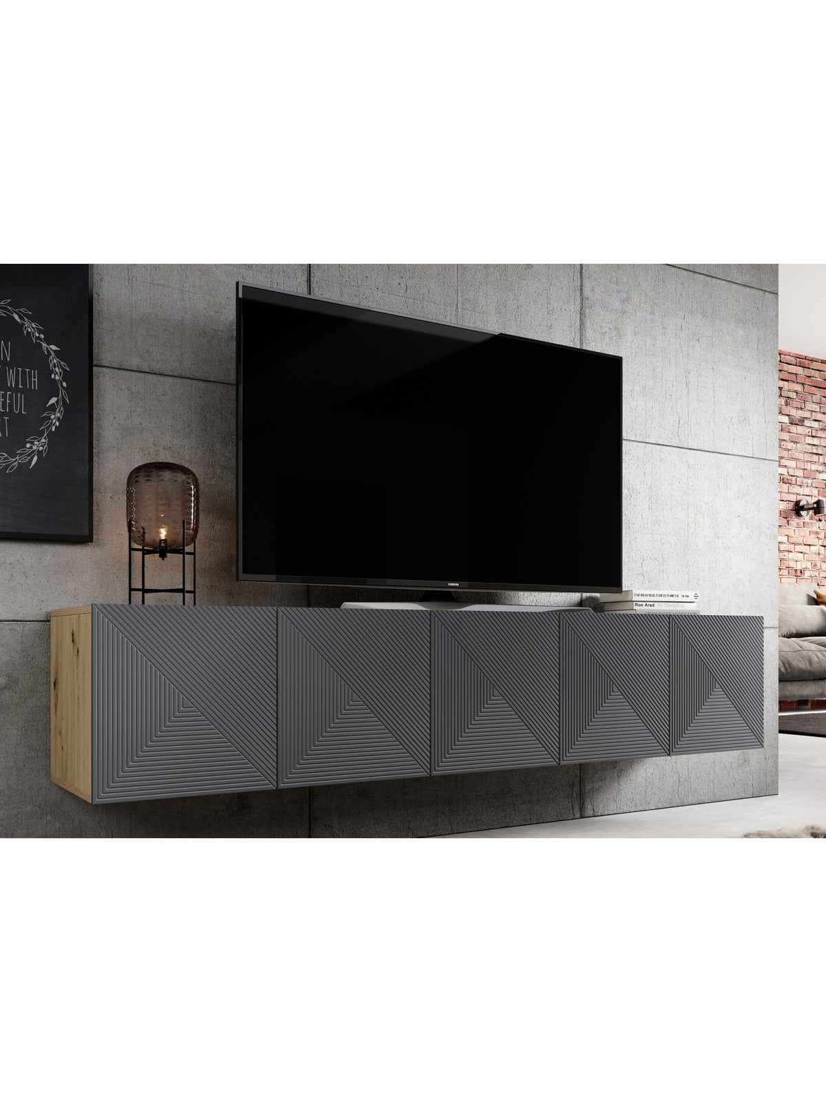 Szafka RTV Asha 200 cm wisząca z ryflowanym frontem w kolorze artisan i rivier stone mat