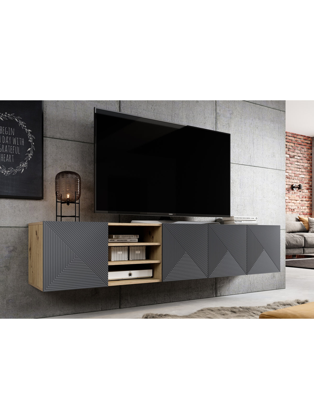 Szafka RTV Asha 200 cm wisząca z ryflowanym frontem w kolorze riviera stone mat