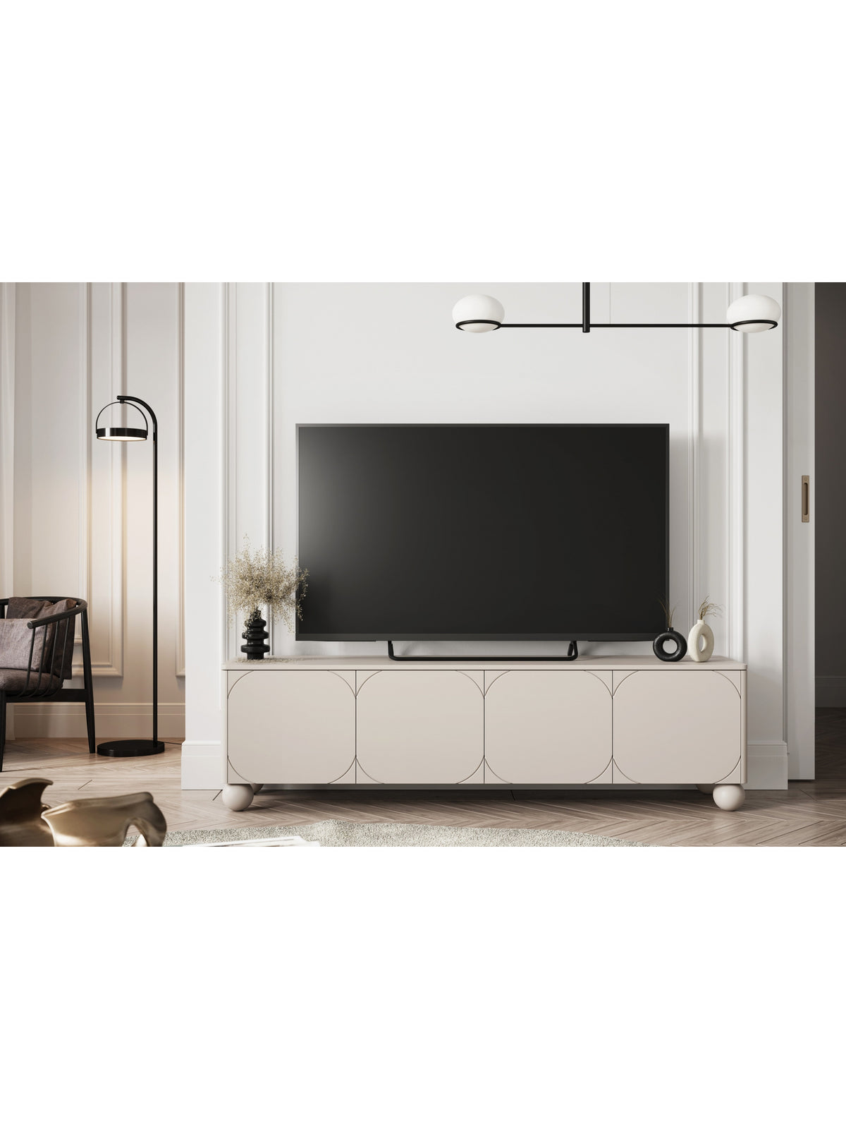 Szafka RTV Sonatia II 200 cm czterodrzwiowa w kolorze kaszmir z matowym frontem