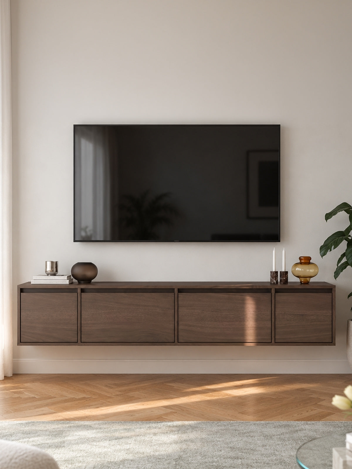 Szafka RTV Zolia 180 cm wisząca w kolorze orzech elegant, czterodrzwiowa, nowoczesna