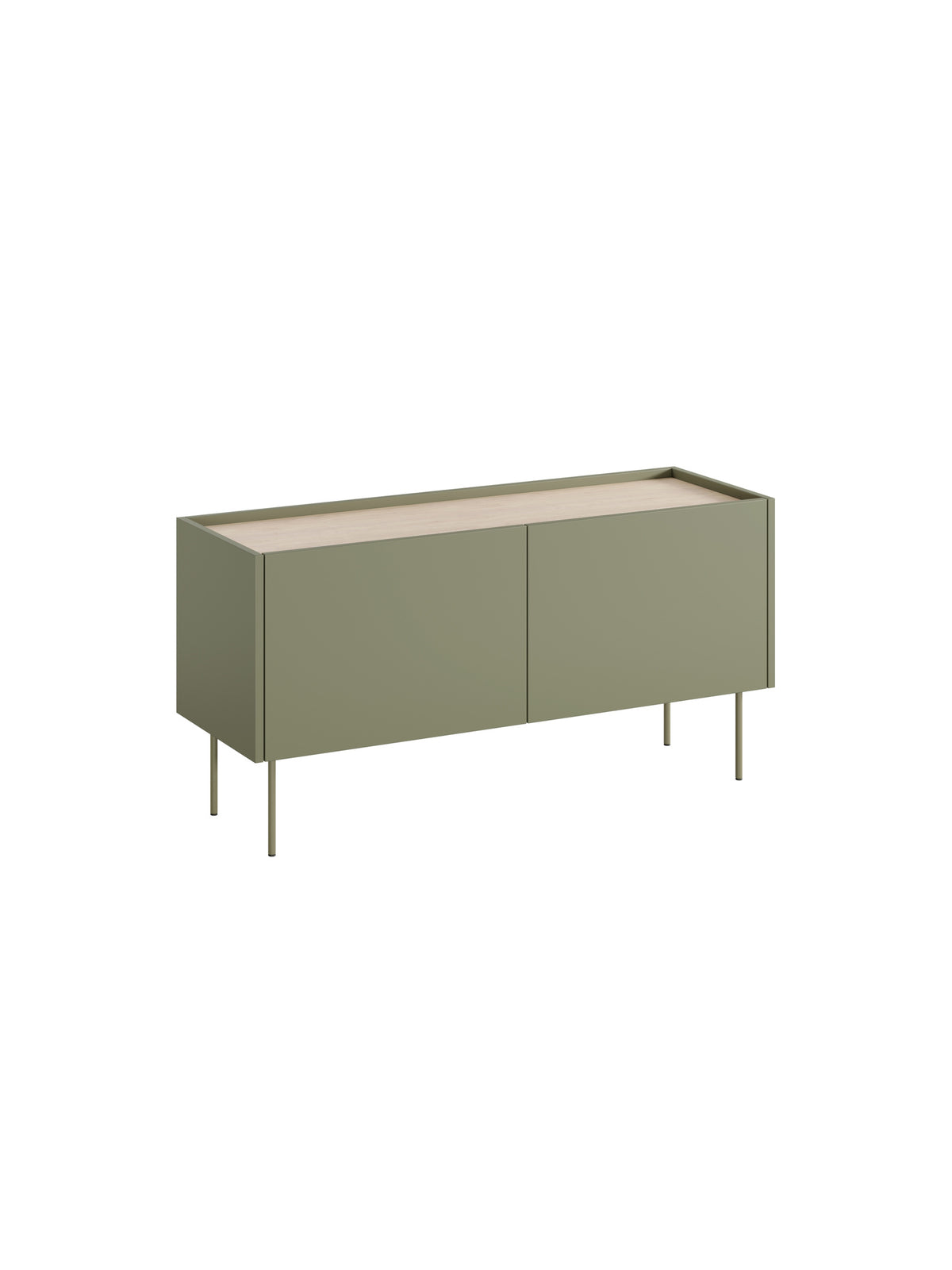 Szafka RTV Desin 120 cm oliwka mat z metalowymi nogami i blatem dąb nagano