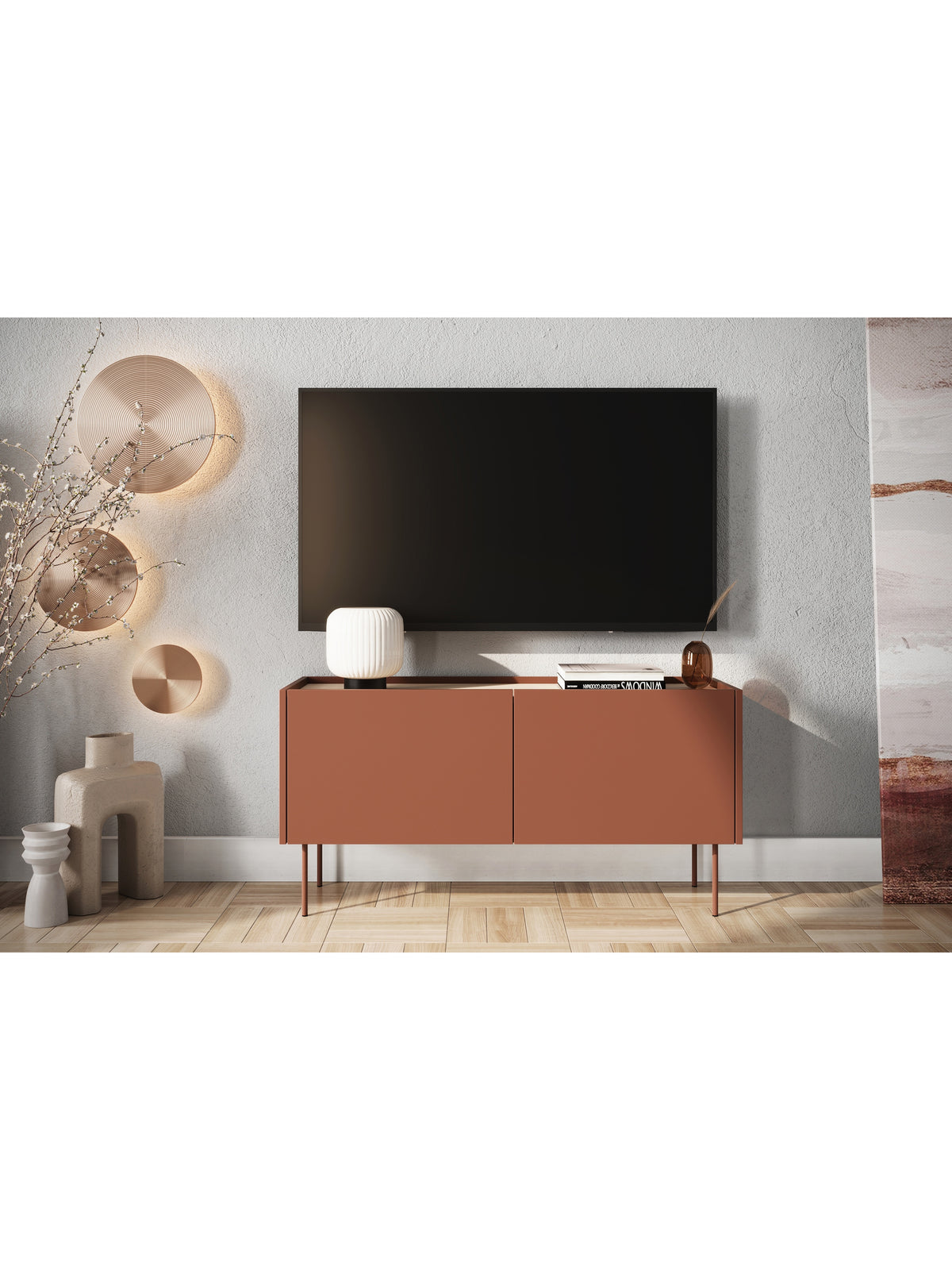 Szafka RTV Desin 120 cm ceramic red z matowym frontem i dębem nagano na nogach metalowych