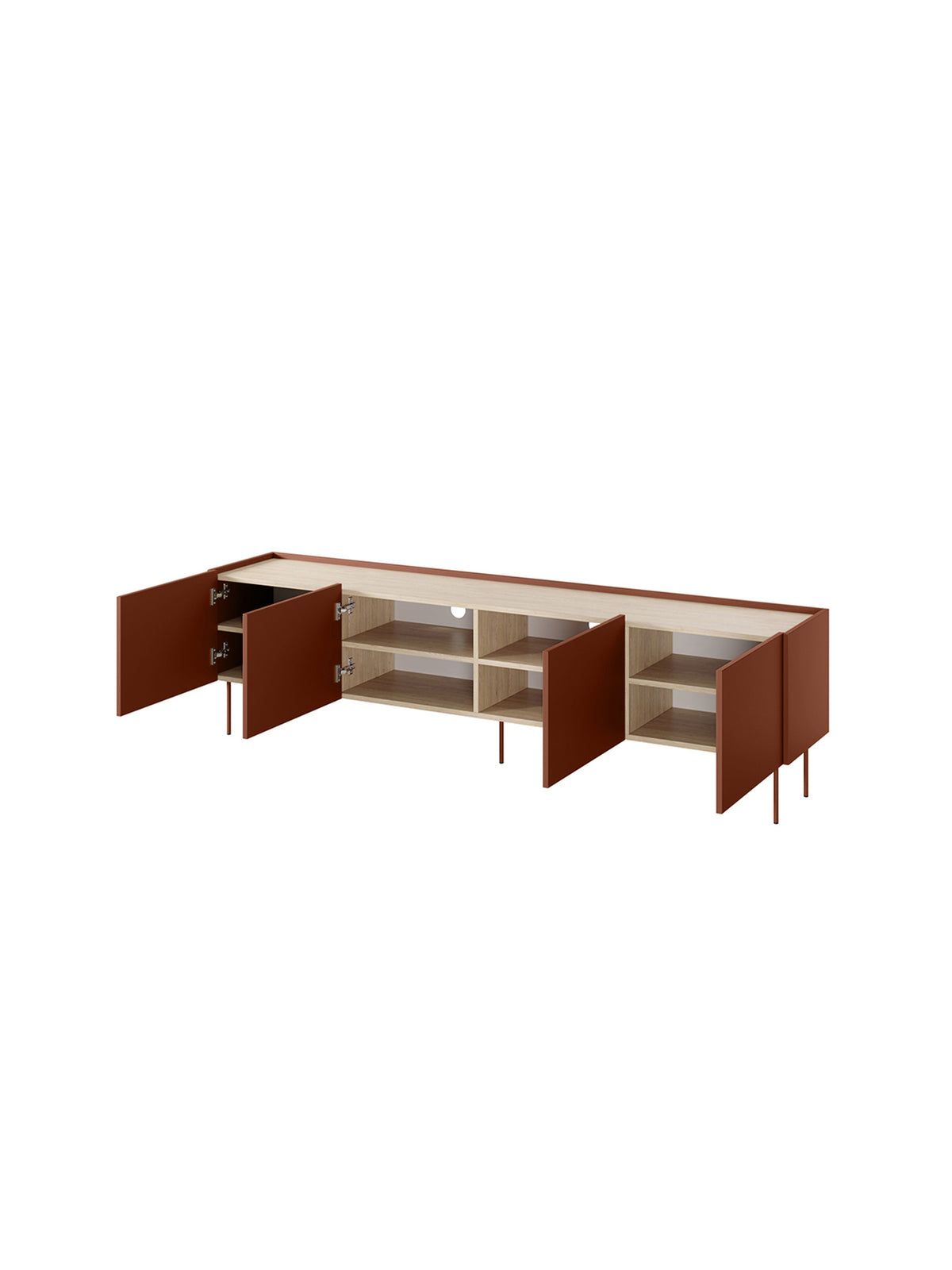 Szafka RTV Desin 220 cm ceramic red z metalowymi nogami i czterema otwartymi drzwiami