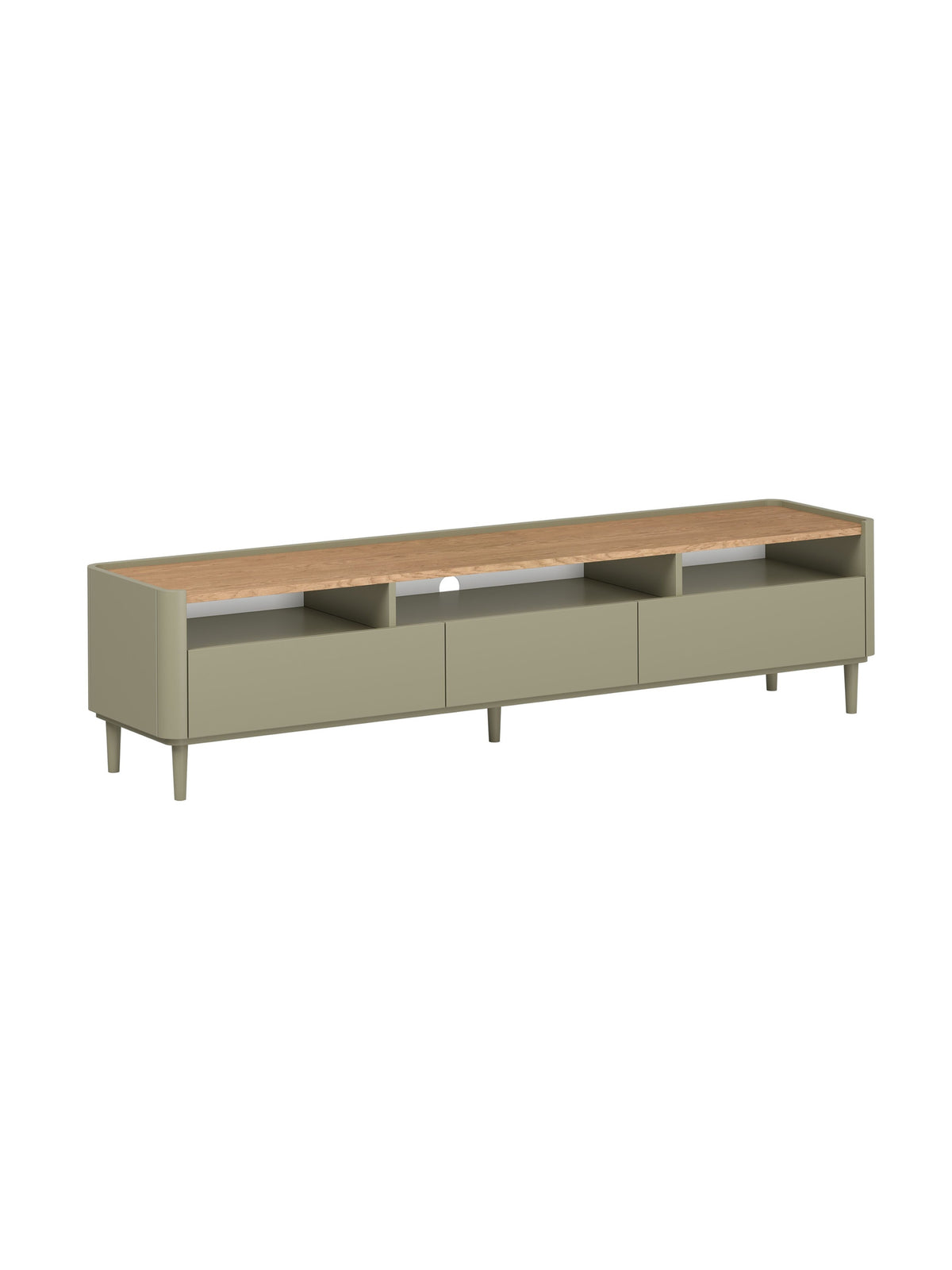 Szafka RTV Elivo 200 cm na nóżkach w kolorze eukaliptus z blatem dąb baltic dune