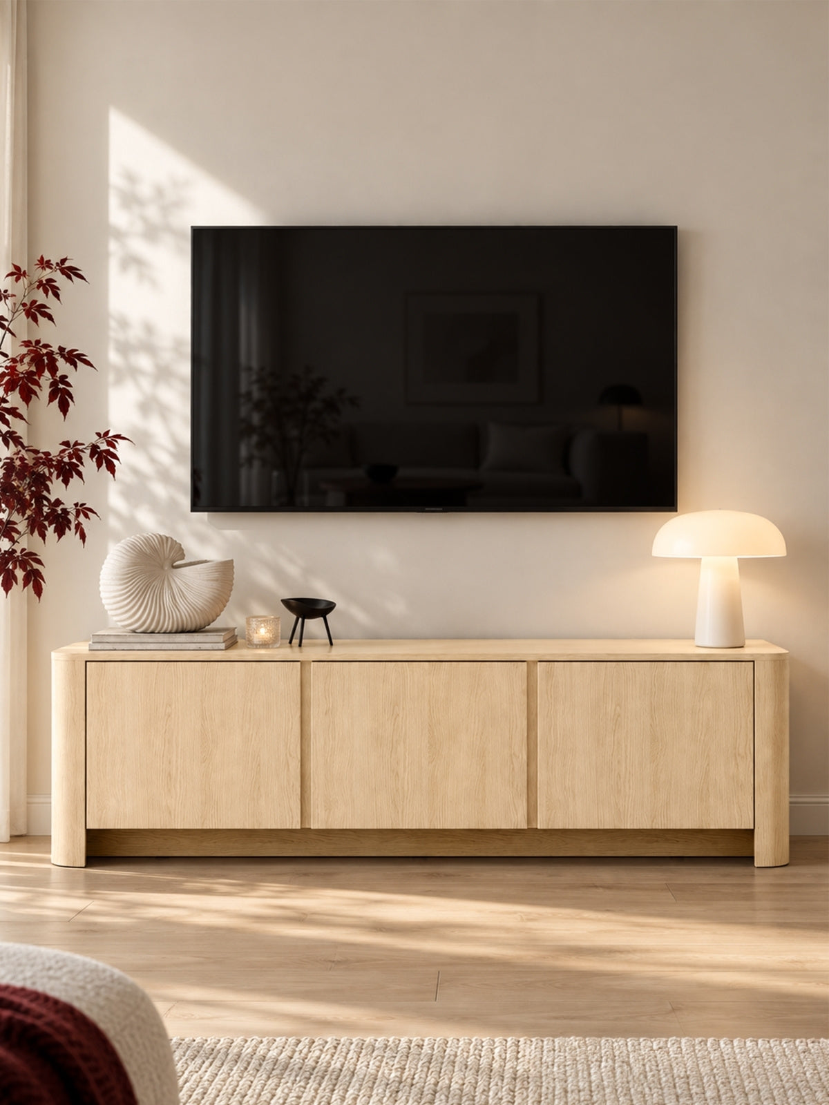 Szafka RTV Sorrenti 168 cm w kolorze dąb vicenza, jasne drewno, 3 drzwi, nowoczesna