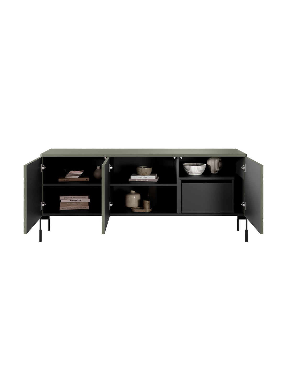 Szafka RTV trzydrzwiowa Sonatia 150 cm oliwkowa matowa z ukrytą szufladą i czarnymi nogami