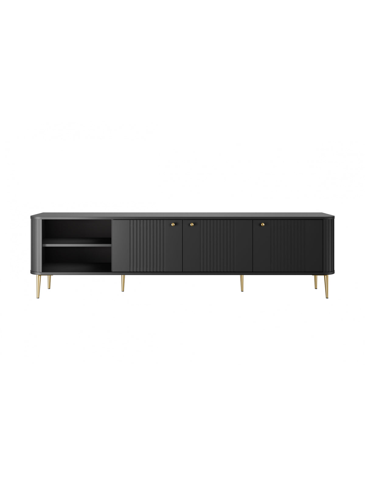 Szafka RTV Vesper 3D czarna z ryflowanym frontem i złotymi, prostymi nogami 187 cm