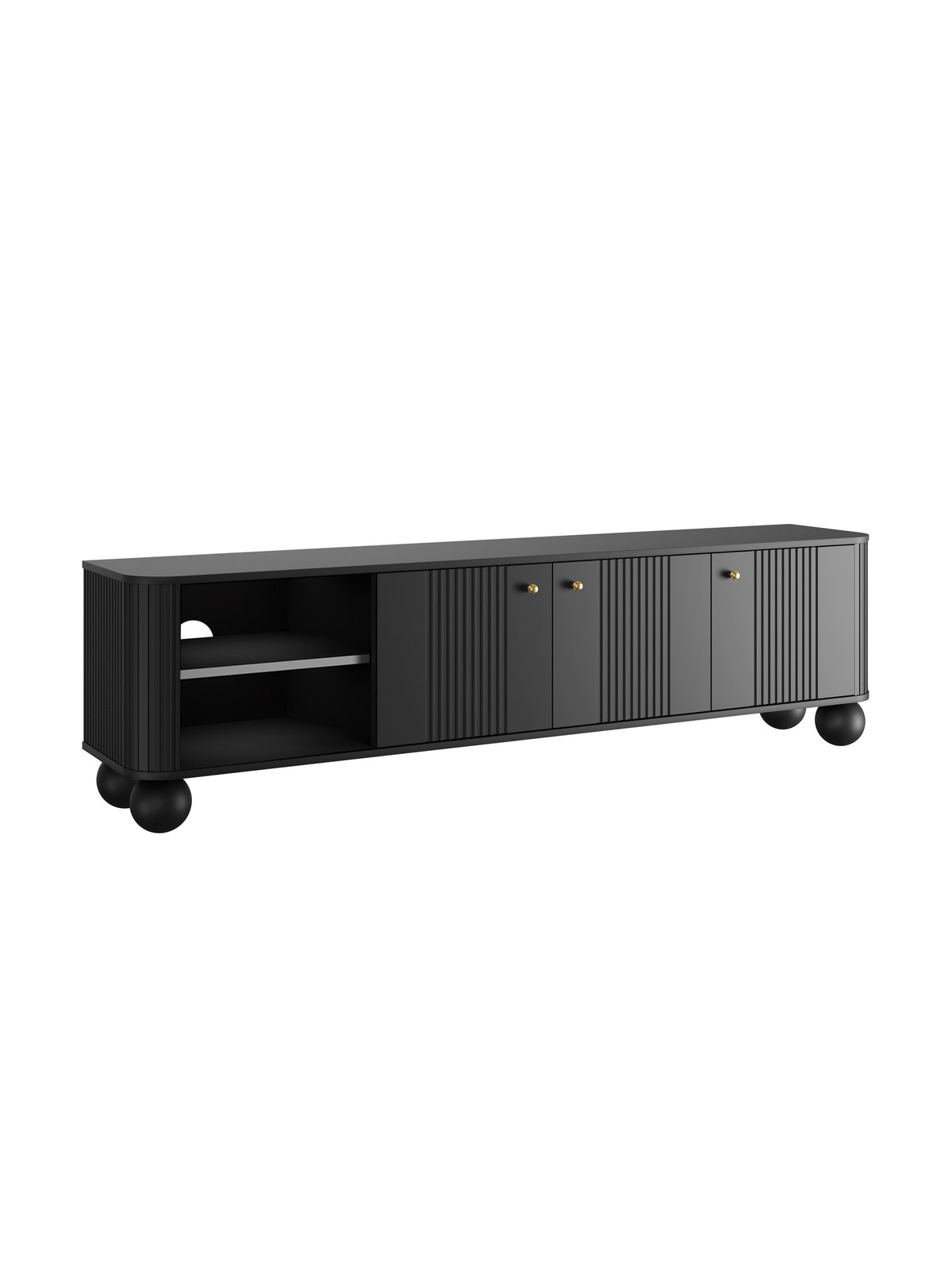 Szafka RTV Vesper 187 cm czarny mat trzydrzwiowa z złotymi uchwytami i nogami kule