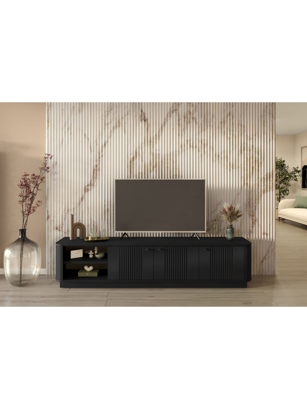 Szafka RTV Vesper 3D 187 cm czarna z ryflowanymi frontami i trzema drzwiami