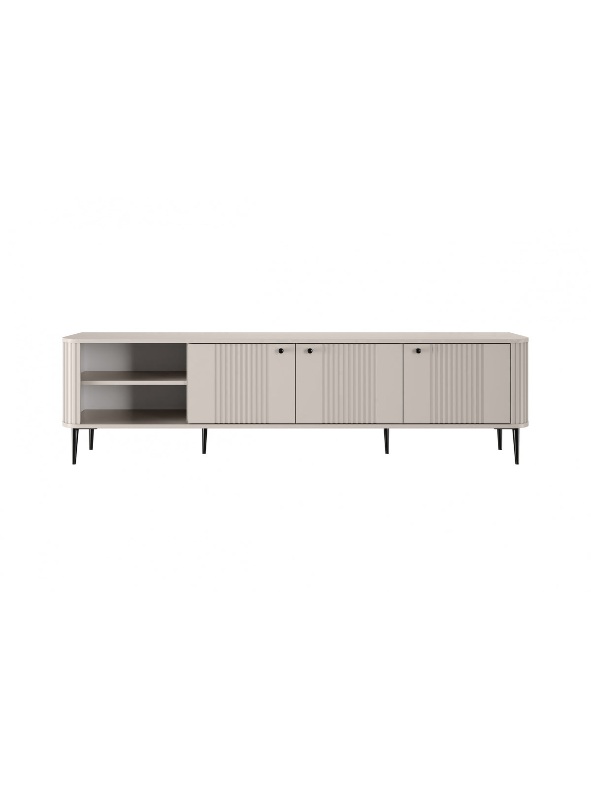 Szafka RTV Vesper 3D 187 cm kaszmir z czarnymi nogami i ryflowanym frontem