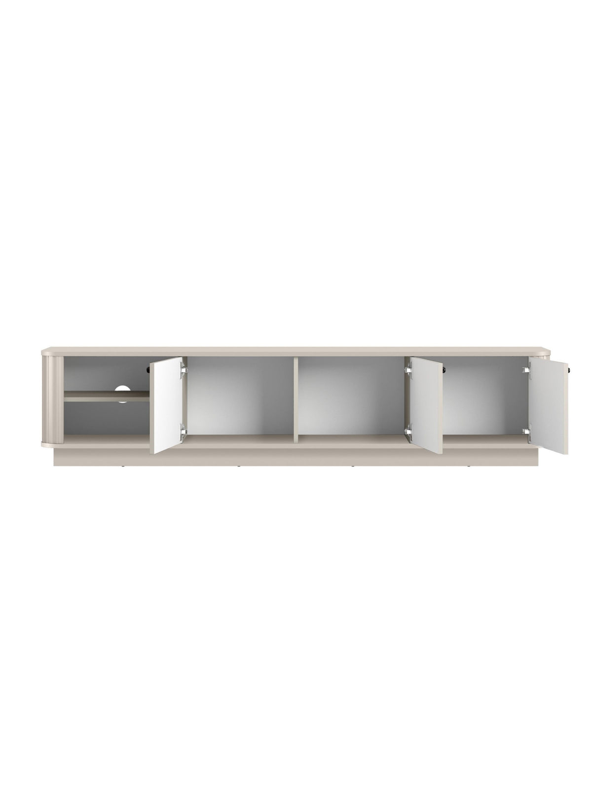 Szafka RTV Vesper 3D 187 cm na cokole w kolorze kaszmir z czarnymi uchwytami, trzy drzwi otwarte