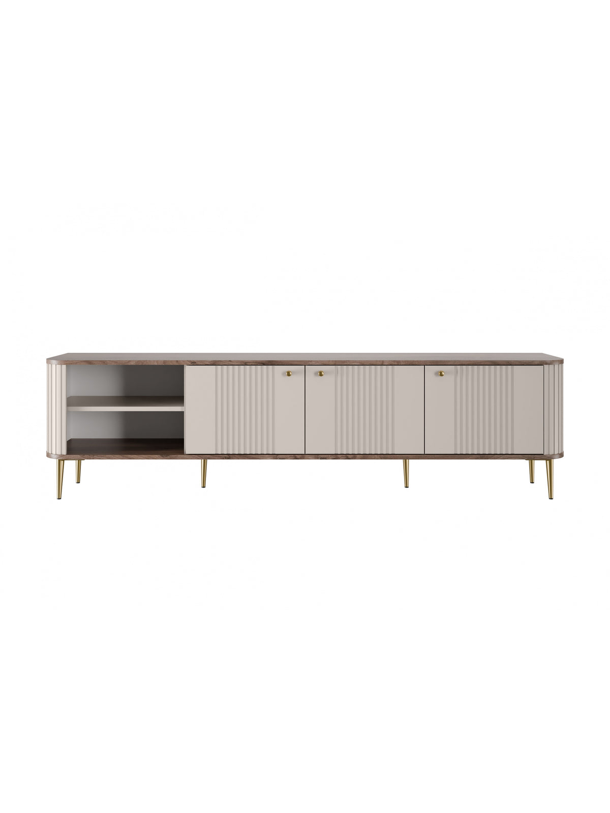 Szafka RTV Vesper 3D 187 cm kaszmir ryflowany front orzech złote nogi widok z przodu