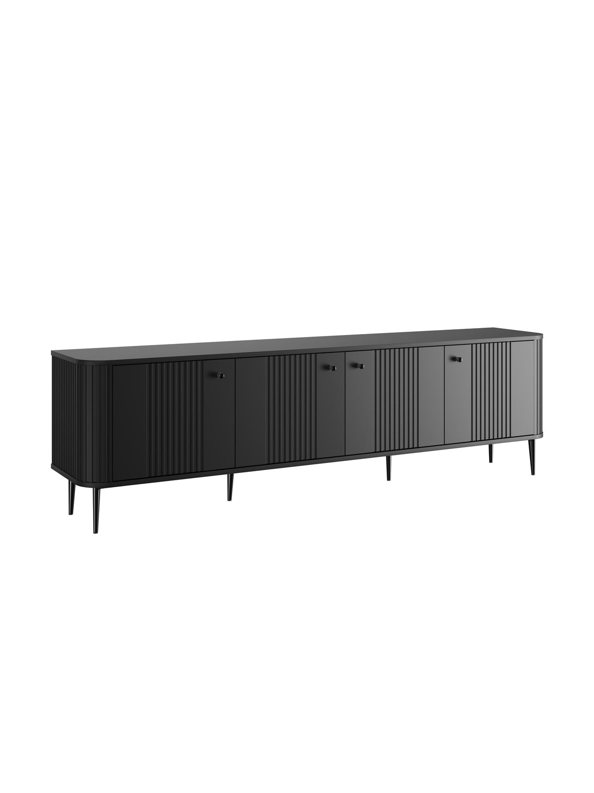 Szafka RTV Vesper 4D 187 cm czarna mat z ryflowanymi frontami i czarnymi nogami