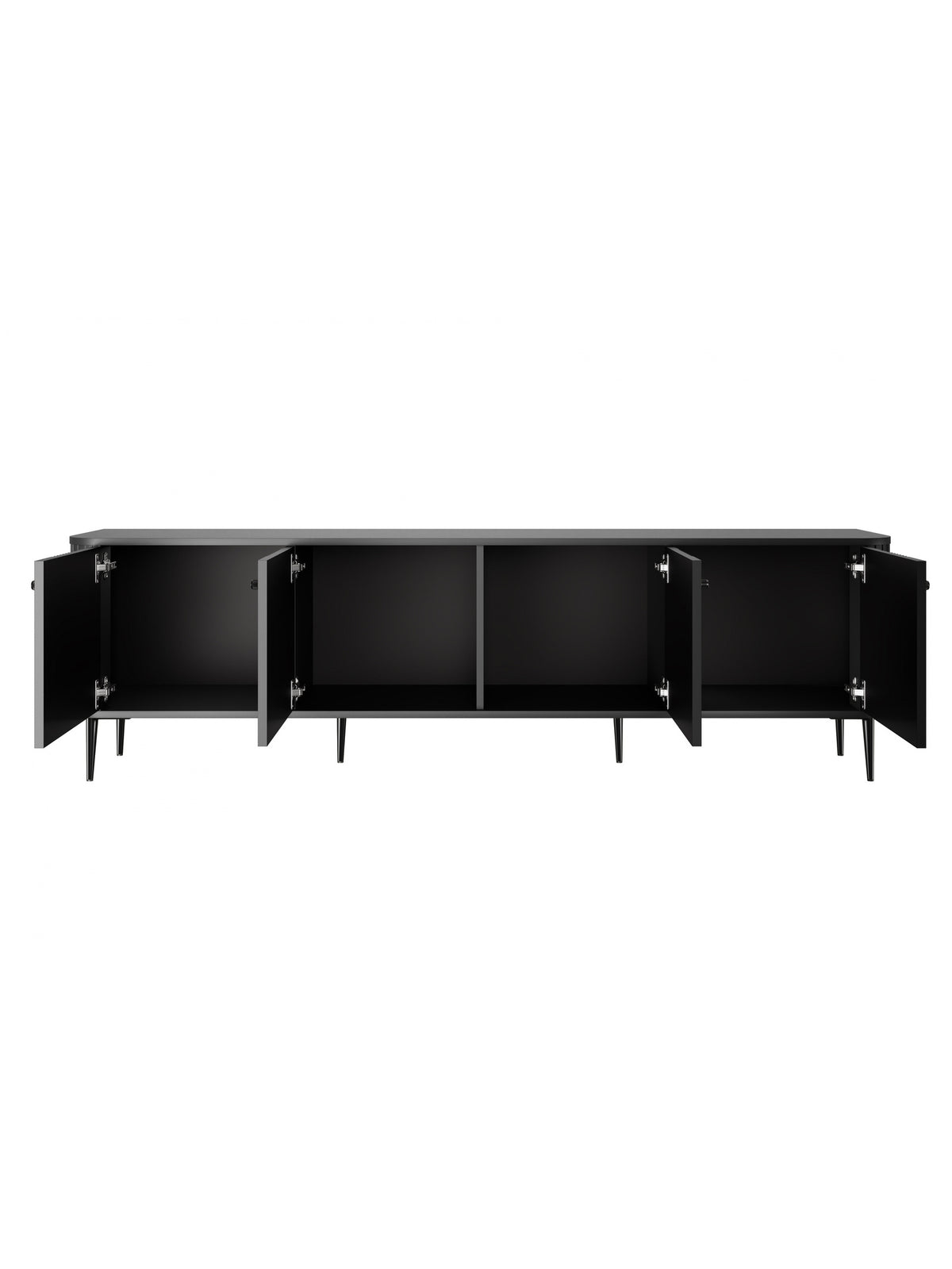 Szafka RTV Vesper 4D czarna mat ryflowany front czarne metalowe nogi widok otwartych drzwi