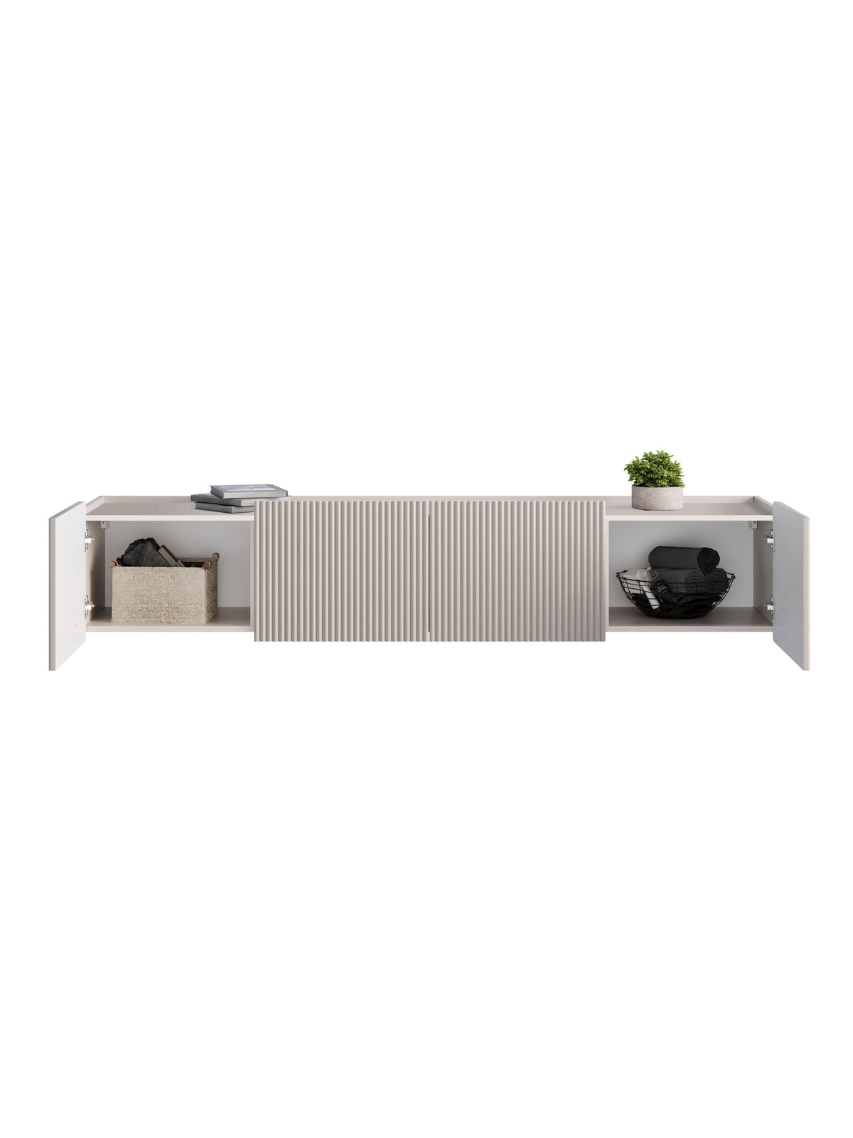 Szafka RTV Malmi 200 cm wisząca kaszmir ryflowany front, otwarte drzwi