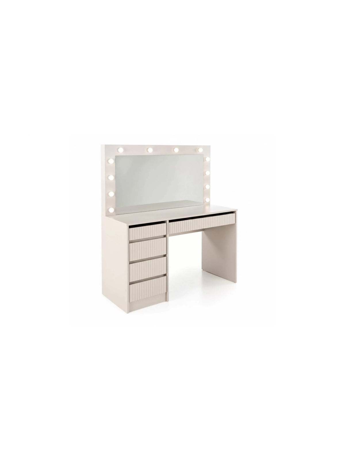Toaletka Velinio 120 cm kaszmir ryflowana z 5 szufladami i lustrem LED