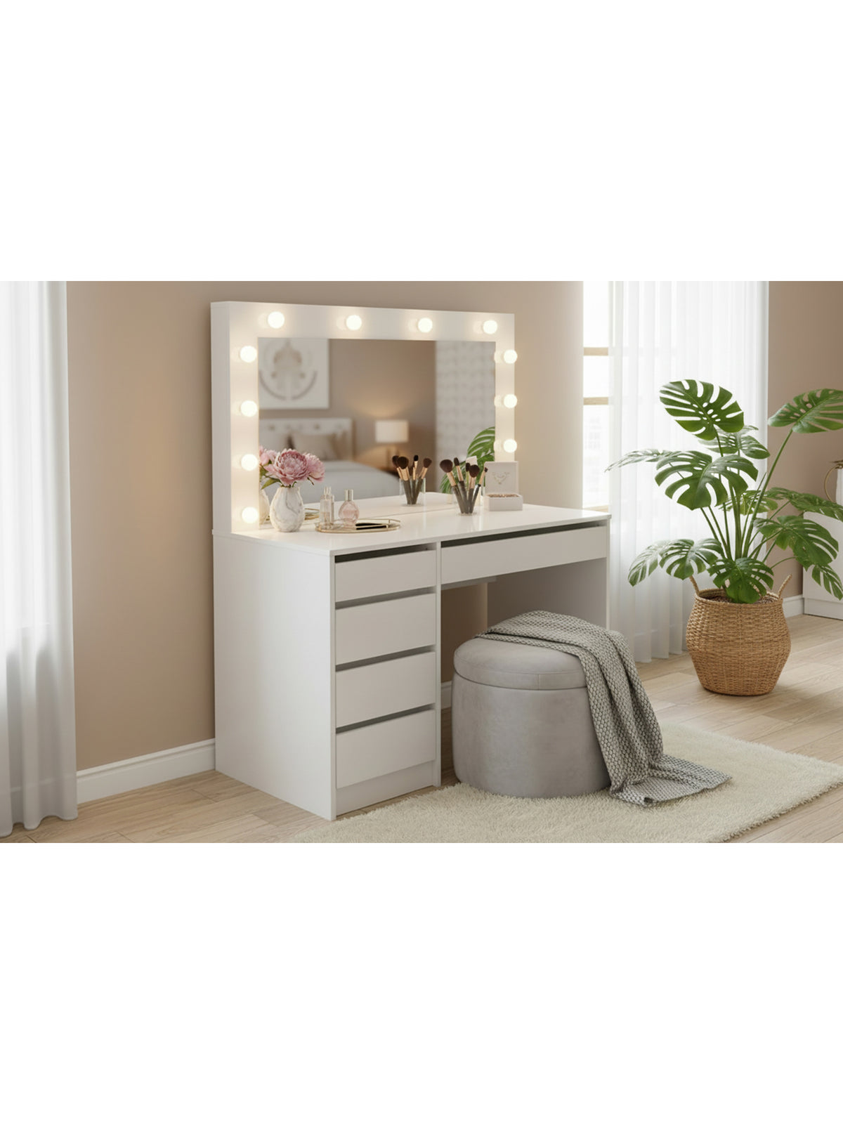 Toaletka Velinio XL 120 cm w białym kolorze z 5 szufladami i oświetleniem LED