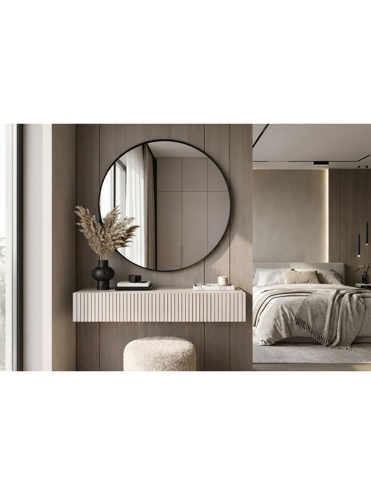 Toaletka wisząca Nicole kaszmir z czarnym okrągłym lustrem 80 cm, front ryflowany