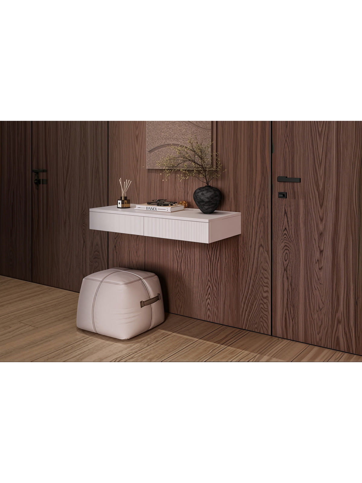Toaletka wisząca Nubo 97 cm kaszmir z dwoma szufladami, ryflowany front