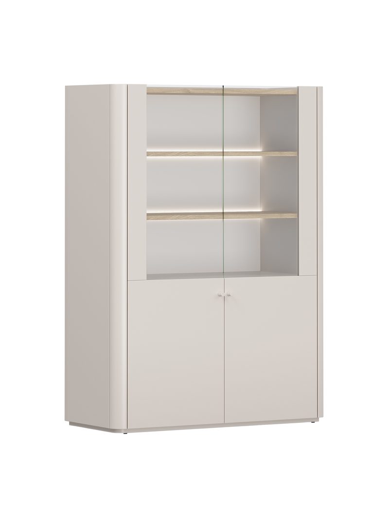 Witryna Elivo 100 cm dwudrzwiowa kaszmir z dębowym blatem, LED, nowoczesna