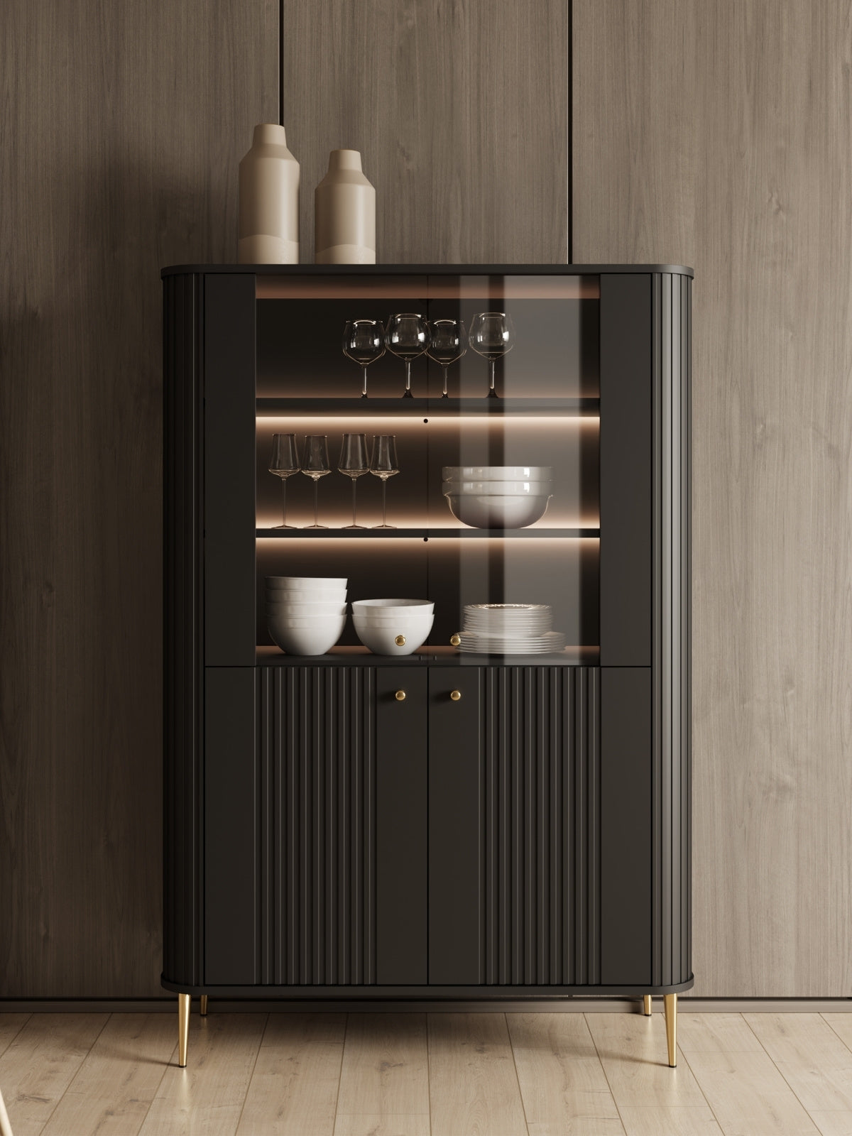 Witryna Vesper 103 cm czterodrzwiowa - czarny / złote nogi