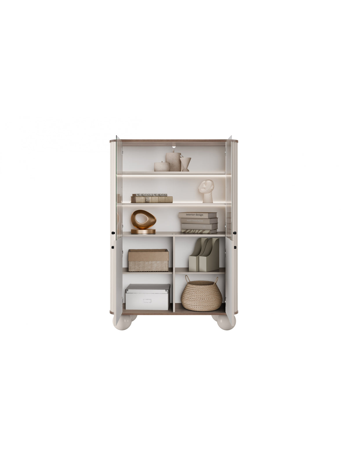 Witryna Vesper 103 cm czterodrzwiowa - kaszmir / orzech / czarne uchwyty / nogi kule