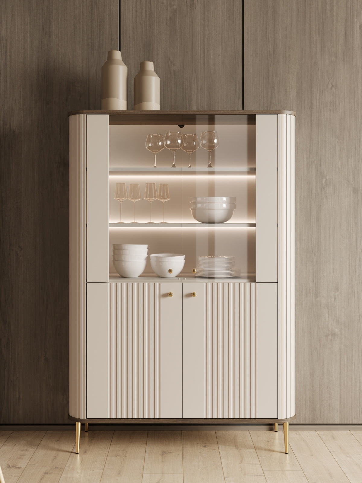 Witryna Vesper 103 cm czterodrzwiowa - kaszmir / orzech / złote nogi
