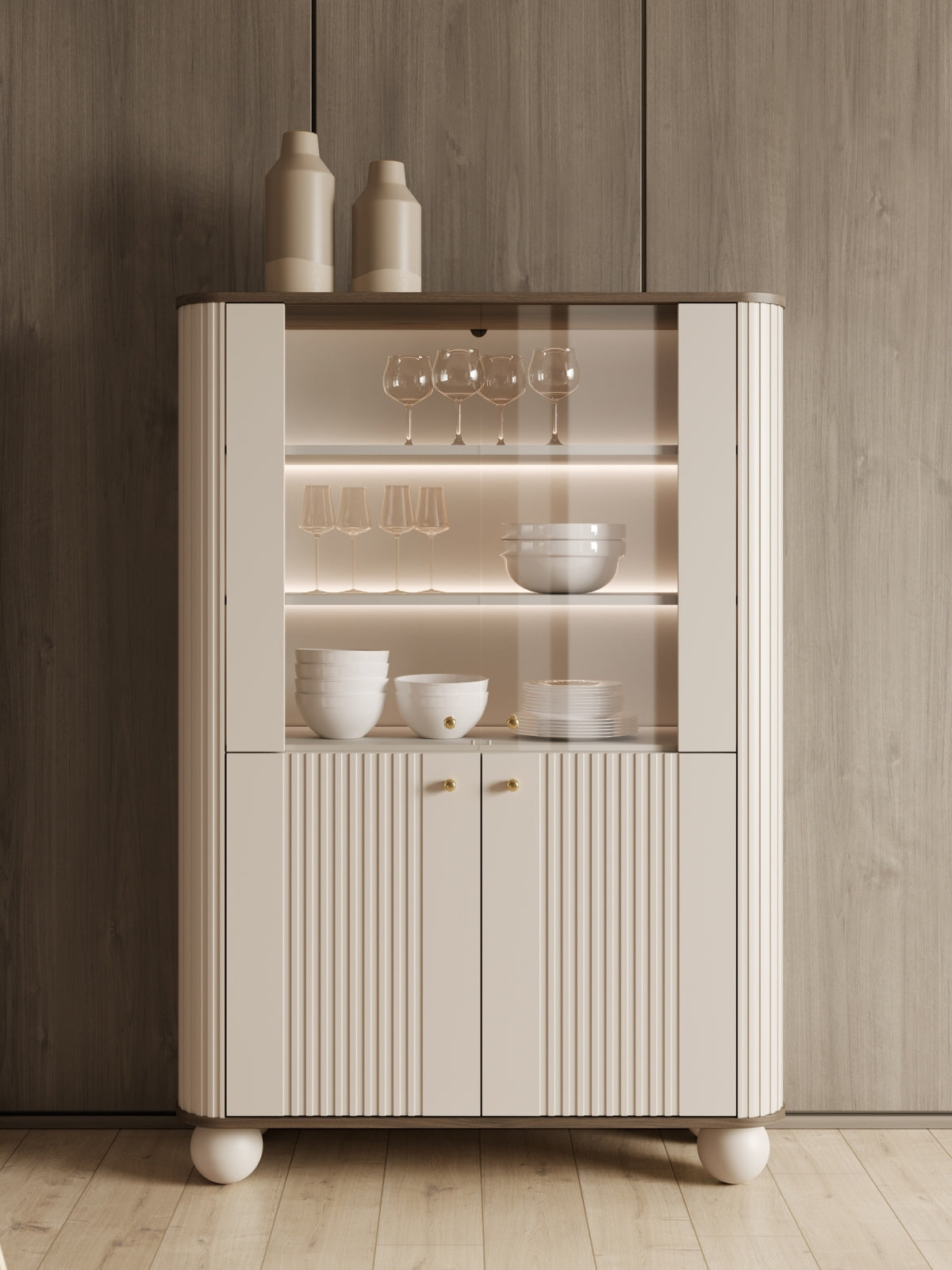 Witryna Vesper 103 cm czterodrzwiowa - kaszmir / orzech / złote uchwyty / nogi kule