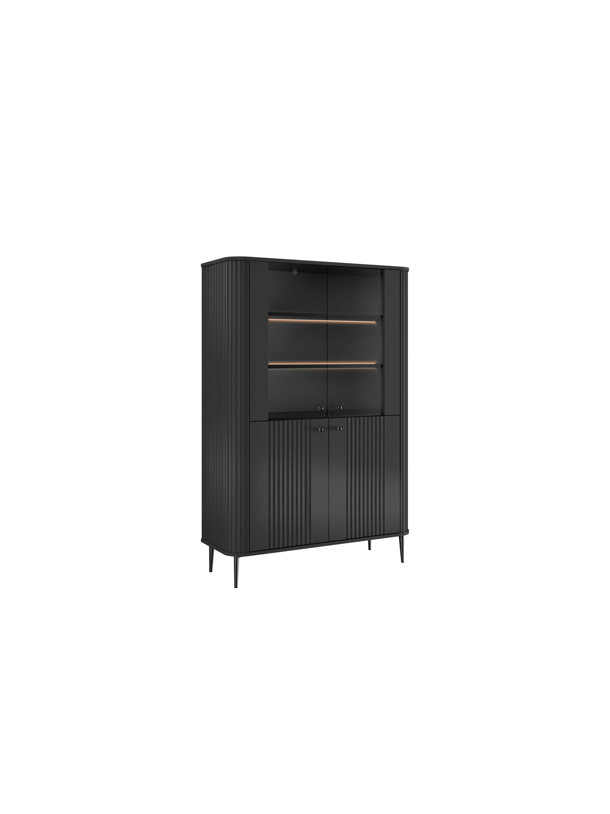 Witryna Vesper 103 cm czterodrzwiowa czarna z czarnymi metalowymi nogami, ryflowany front