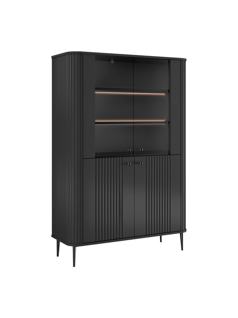 Witryna Vesper 103 cm czterodrzwiowa czarna z czarnymi metalowymi nogami, ryflowany front