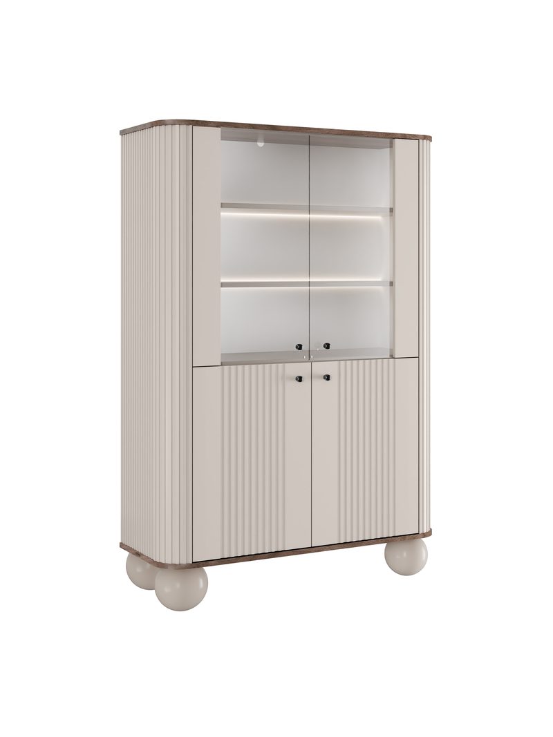 Witryna Vesper 103 cm czterodrzwiowa w kolorze kaszmir z orzechowym blatem i czarnymi uchwytami