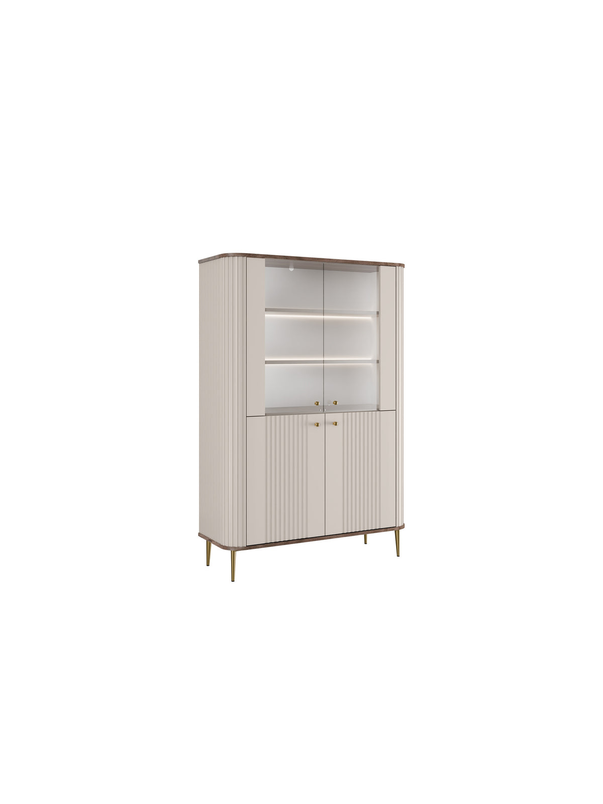 Witryna Vesper 103 cm czterodrzwiowa kaszmir z orzechowym blatem i złotymi nogami
