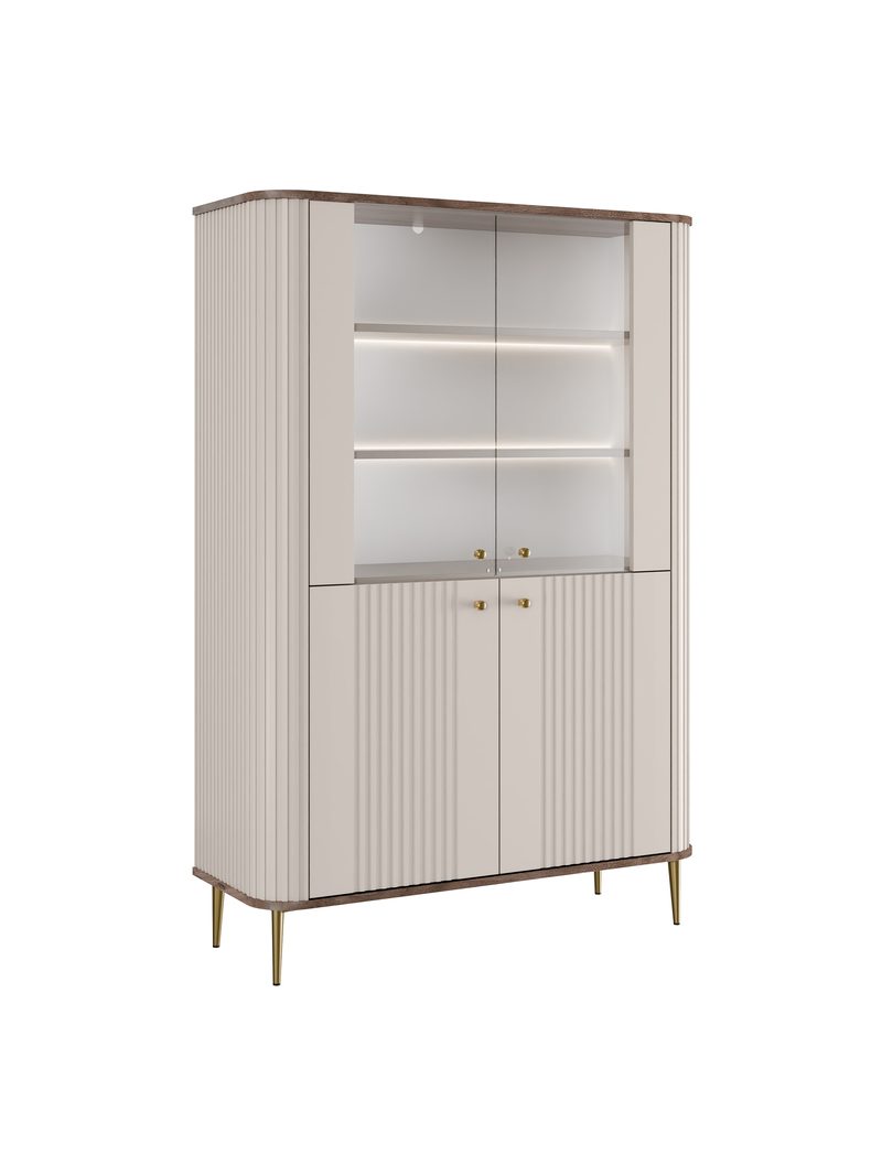 Witryna Vesper 103 cm czterodrzwiowa kaszmir z orzechowym blatem i złotymi nogami