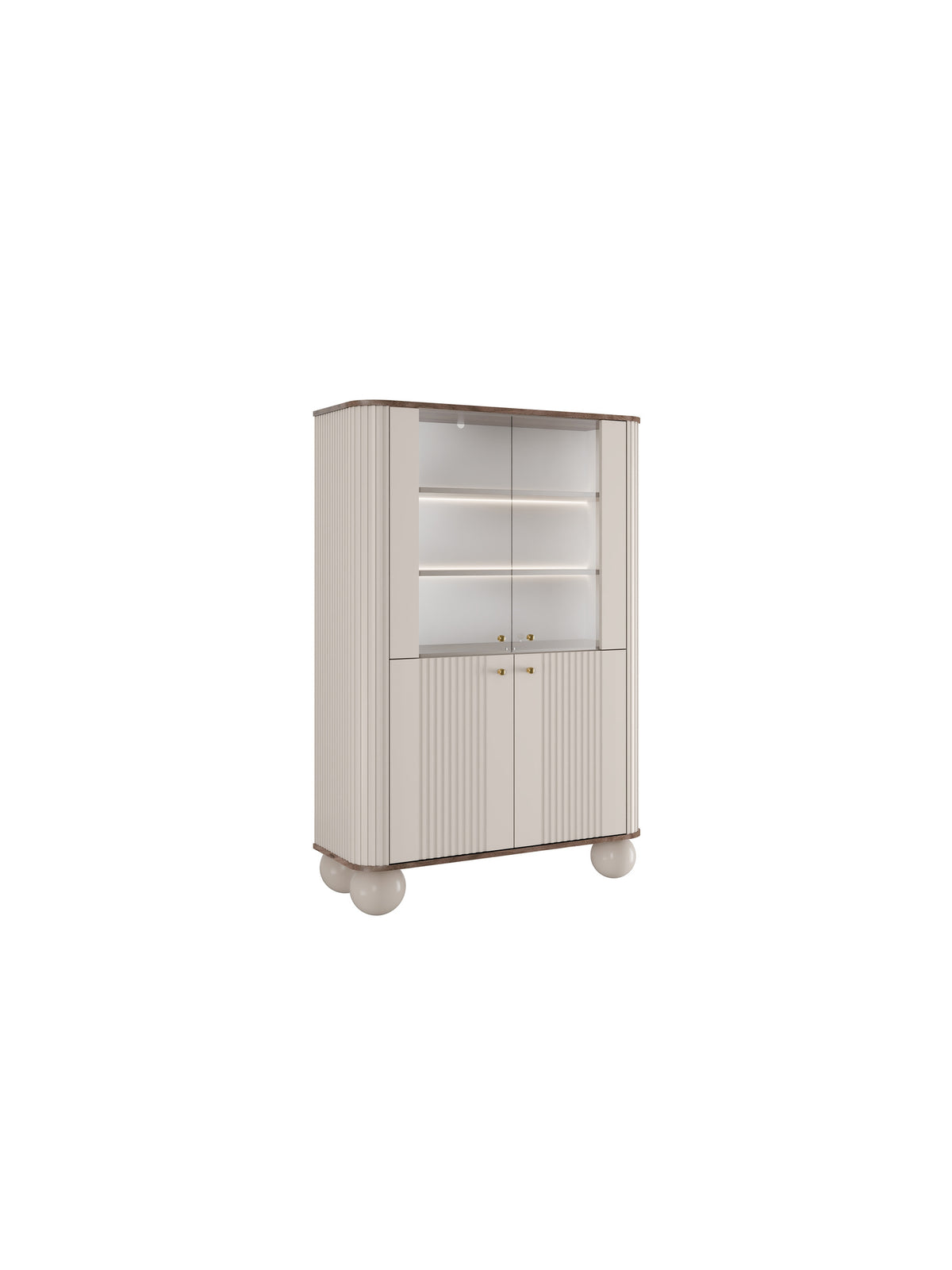Witryna Vesper 103 cm czterodrzwiowa kaszmir z orzechowym blatem i złotymi uchwytami