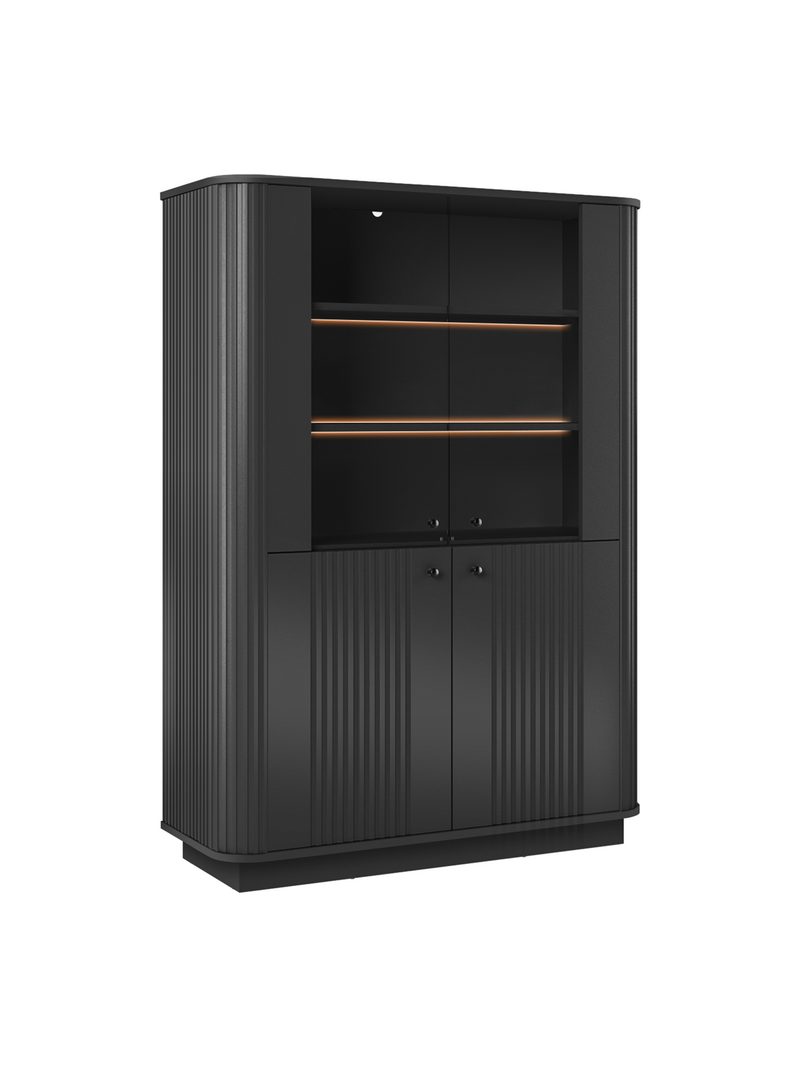 Witryna Vesper 103 cm czterodrzwiowa czarna z ryflowanymi frontami na cokole