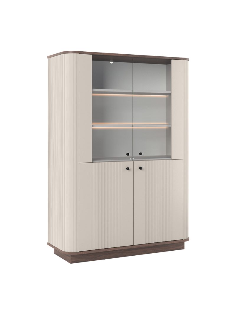 Witryna Vesper 103 cm czterodrzwiowa kaszmir z orzechowym blatem i czarnymi uchwytami
