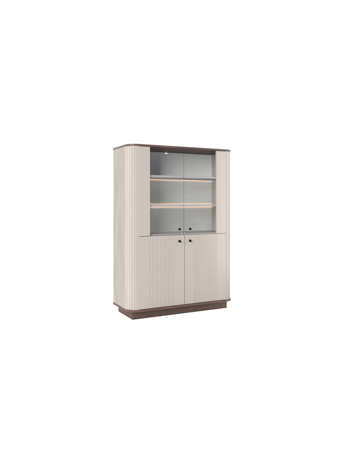 Witryna Vesper 103 cm czterodrzwiowa kaszmir z orzechowym blatem i czarnymi uchwytami