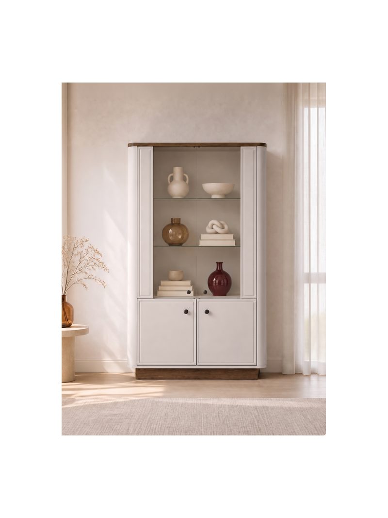 Witryna wysoka Amberto 92 cm w kolorze kaszmir z dębowym cokołem