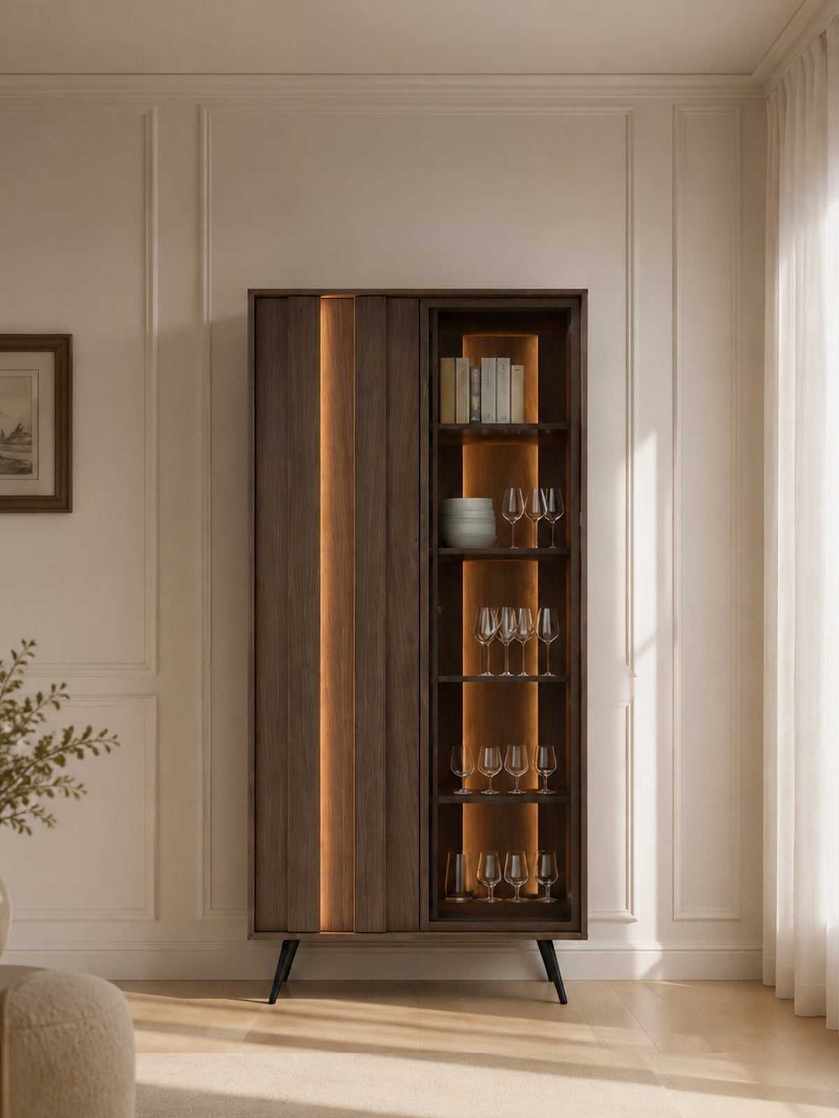 Witryna wysoka Flaro 93 cm z oświetleniem LED, ciemne drewno dąb dunin, 2 drzwi